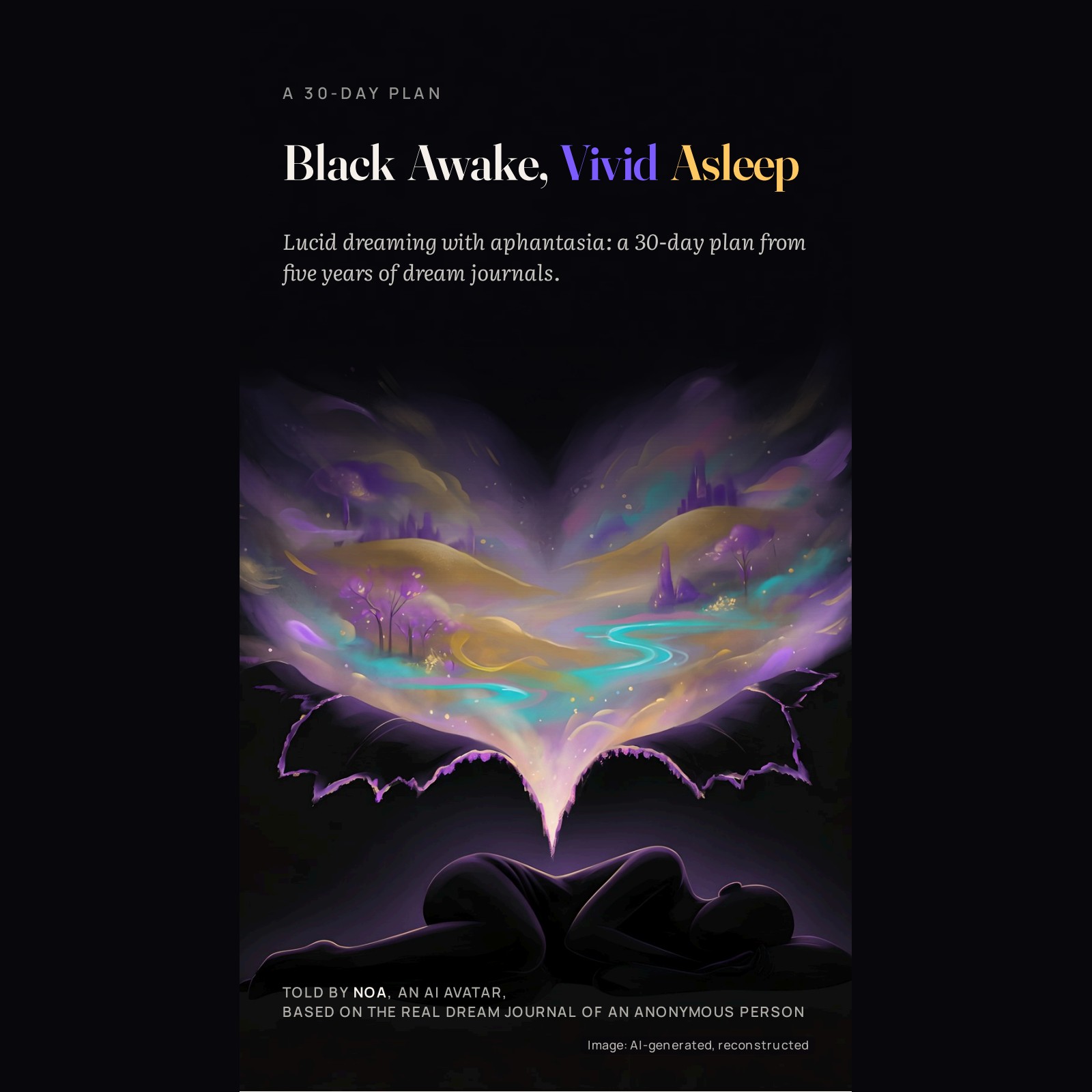 Cover of the booklet: a sleeping figure, above it a colourful dream landscape breaks out of the black